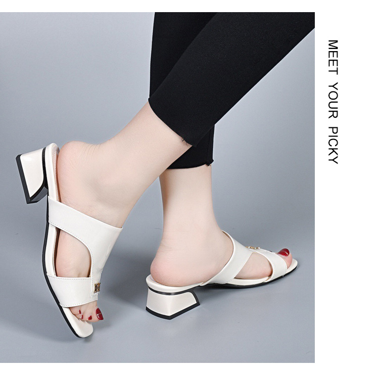 Dép sandal nữ da thật gót vuông quai chữ V phong cách tiên nữ — Màu đen chi tiết 15