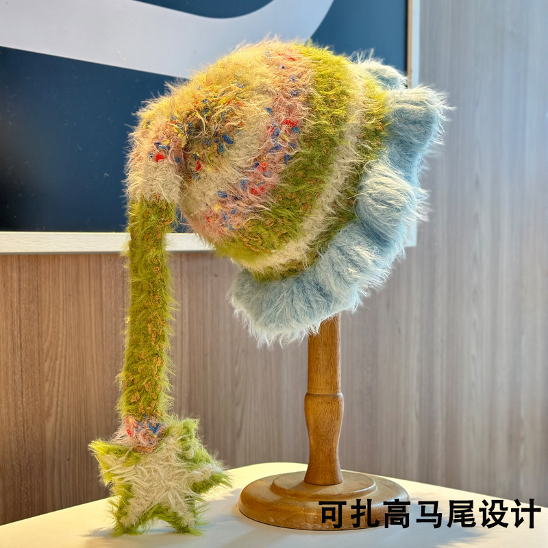 2025新款多巴胺拼色毛绒帽子女秋冬保暖甜美星星可扎马尾包头帽|undefined