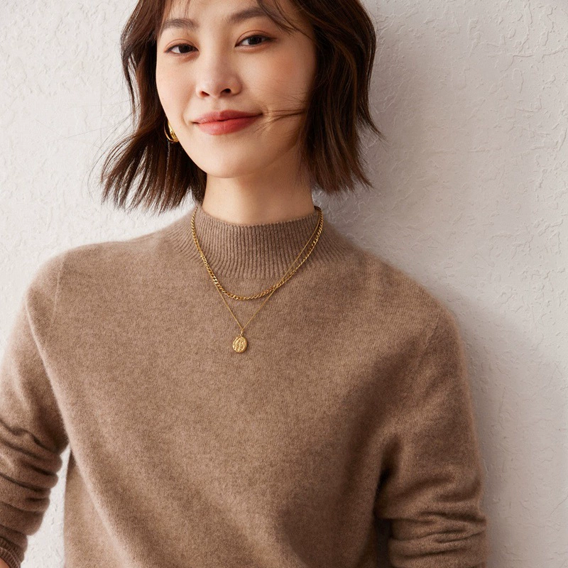 Cashmere knitted sweater, solid short base body-friendly warm long-sleeve, high collar