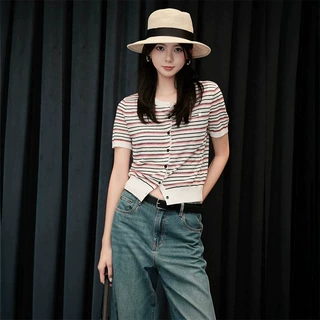 2026夏季新品轻薄亚麻短袖短款条纹衫开衫女休闲修身针织衫
