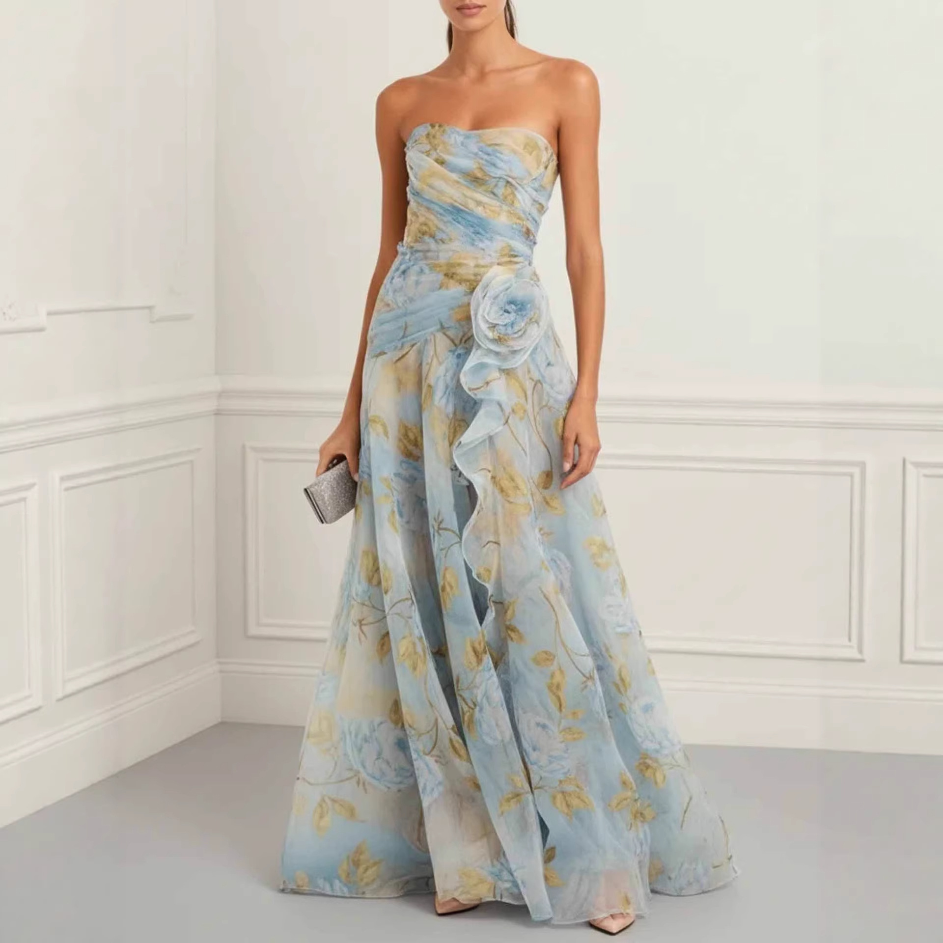 2026 European And American Cross-border Independent Site Party Elegant Ruched Strapless Printed Dress_ecoleips.com