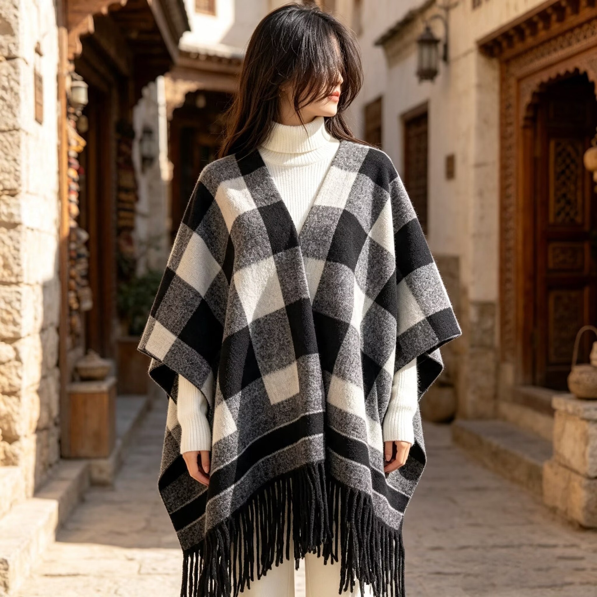 Oversized and widened plaid shawl for women, Korean style versatile autumn and winter faux cashmere warm scarf cape thick cloak
