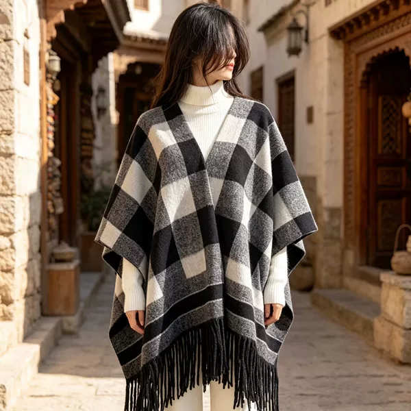 Oversized and widened plaid shawl for women, Korean style versatile autumn and winter faux cashmere warm scarf cape thick cloak