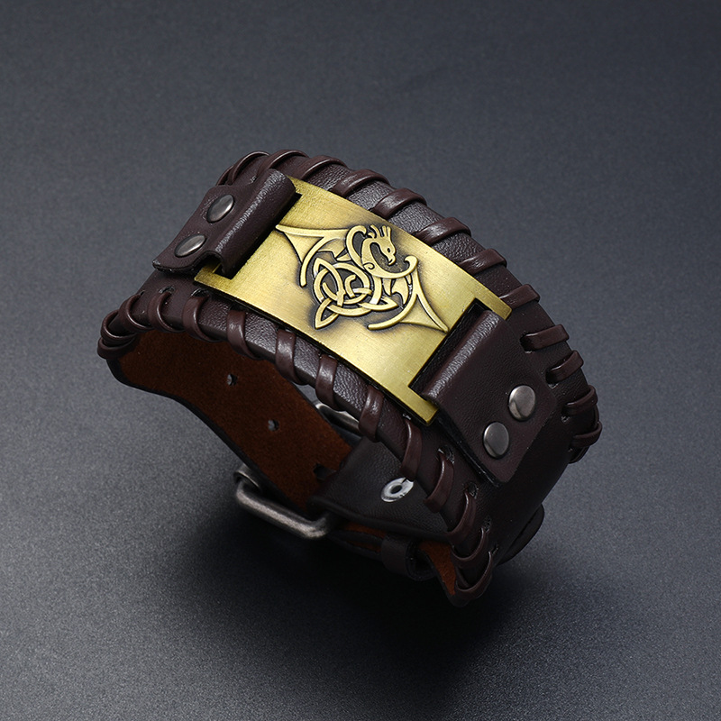 new jewelry simple woven leather bracelet simple Nordic mythology relief wide bracelet