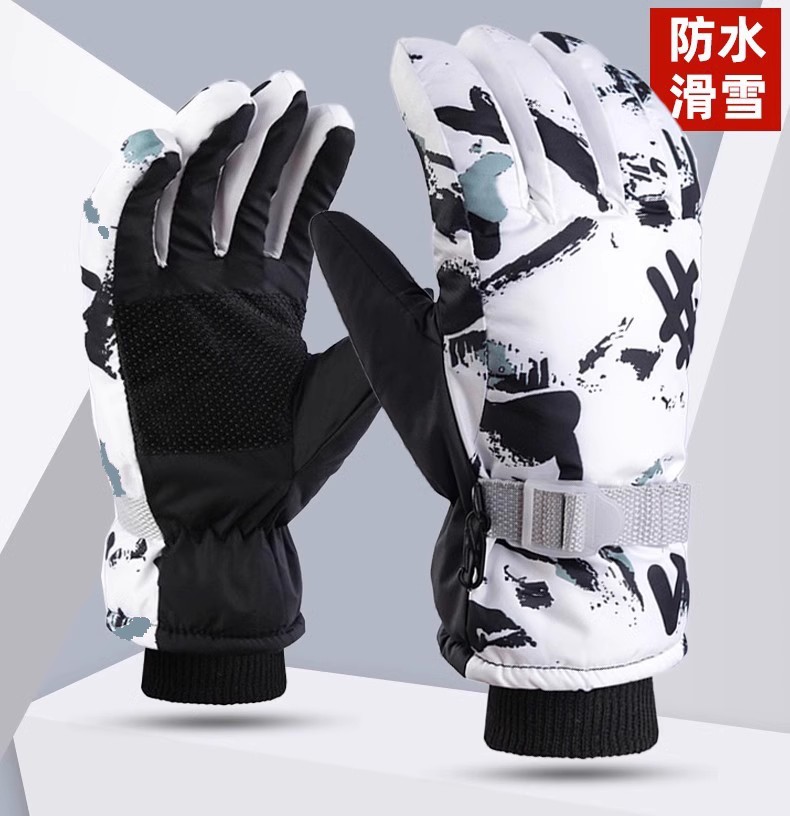 Guantes de nieve de esquí para niños con forro polar engrosado Impermeable cálido antideslizante blanco graffiti a prueba de guantes de invierno frío de invierno