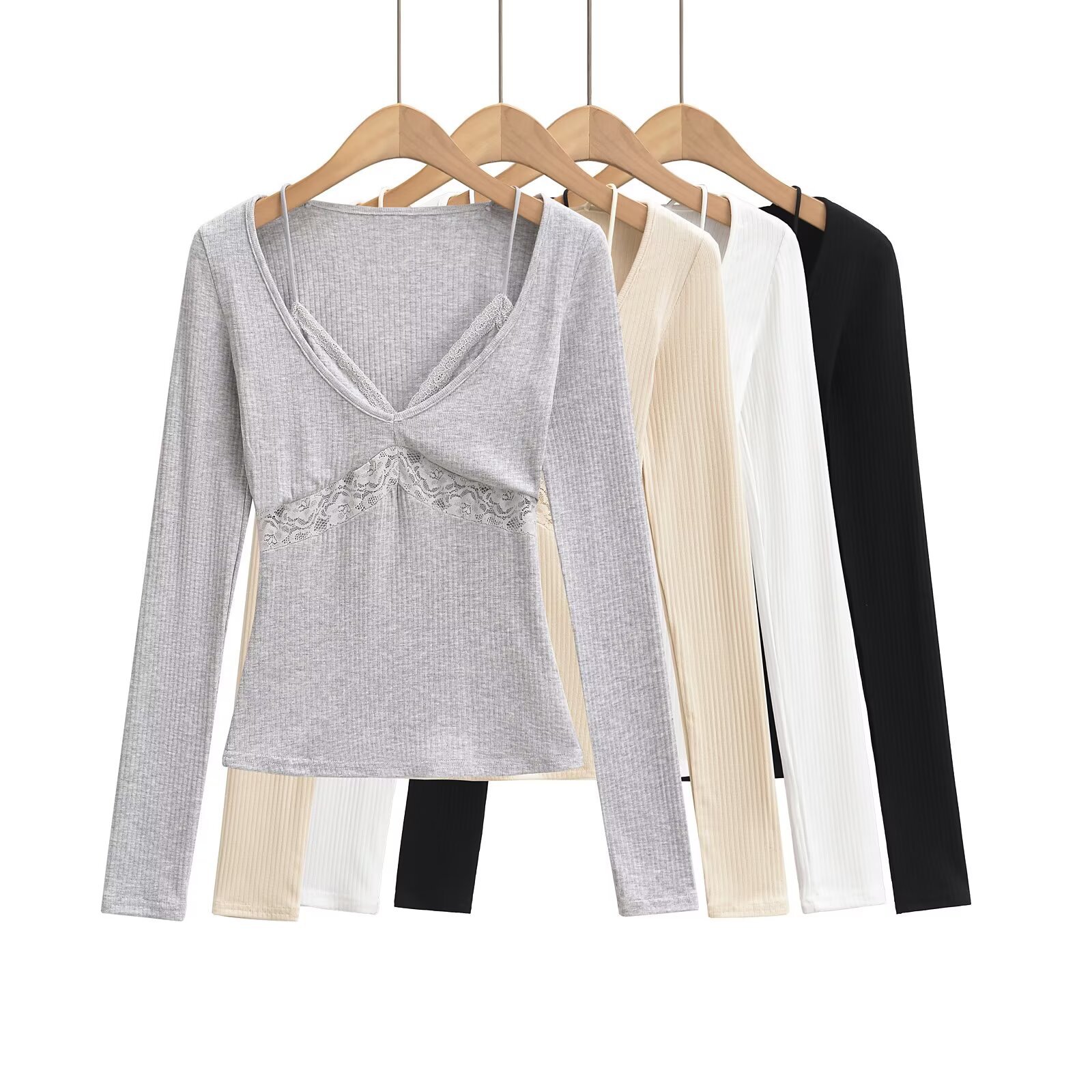 25051-Autumn New Women's European and American Style V Neck Lace Cut Out Fake Two-Piece Long-Sleeved Knitwear Bottoming Shirt