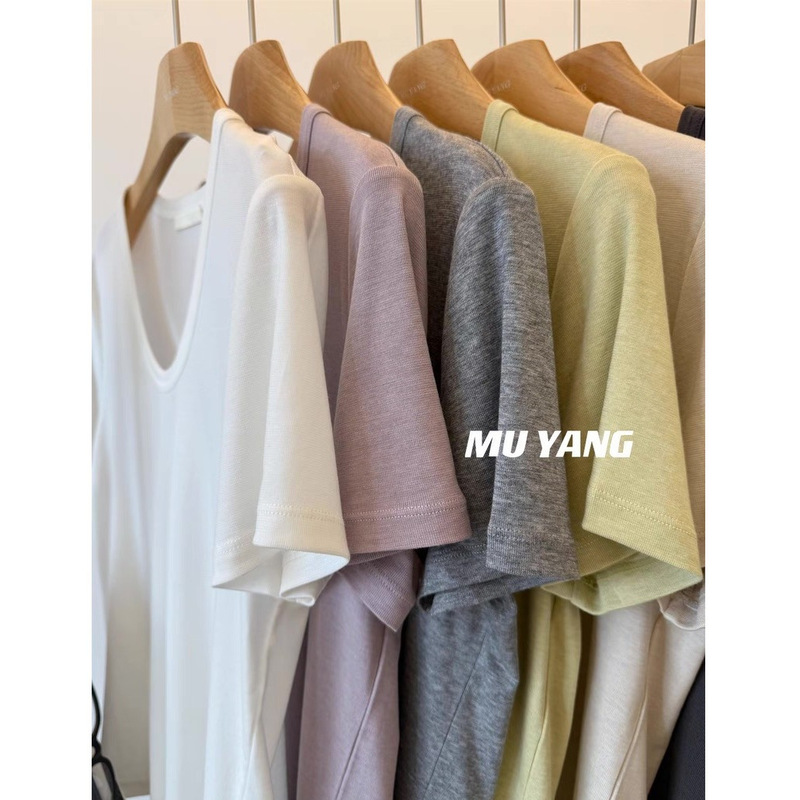 Love so Comfortable Clothes! U-Neck Lyocell Wool Short-Sleeved Bottoming T-Shirt for Women Pure Color Versatile Tee