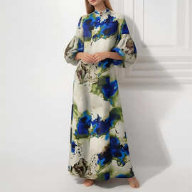 2026春季新款外贸欧美女装气质宽松印花彩绘长裙大摆泡泡袖欧美连