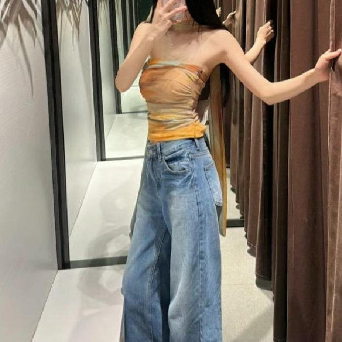 メッシュスタイルの女性のプリーツチューブトップアメリカンプリントレトロスタイルアウターショートベストワンショルダー弾性ホットガール|undefined