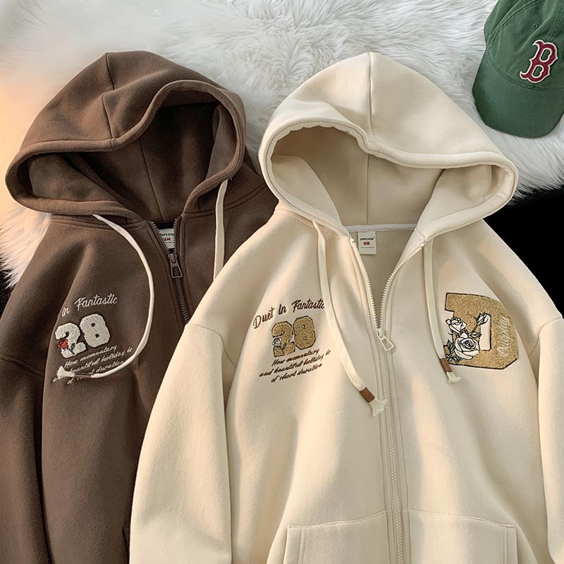 Albaricoque letras toalla bordado cardigan suéter hombres con capucha primavera y otoño americano retro moda abrigo pareja top