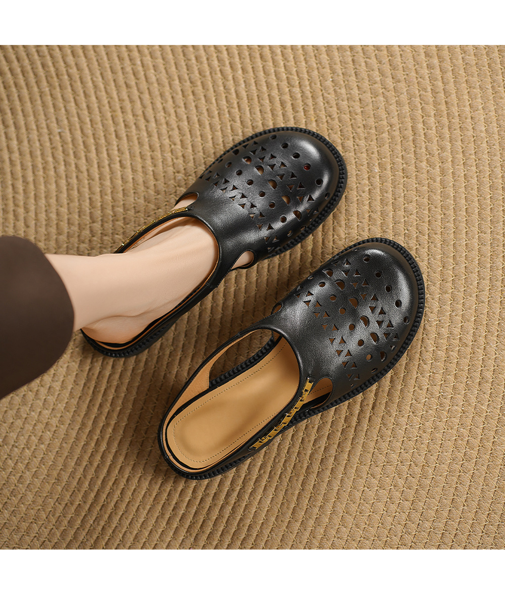 Dép sandal nữ da bò mũi trùm đế bệt kiểu lỗ thoáng khí — đen chi tiết 11