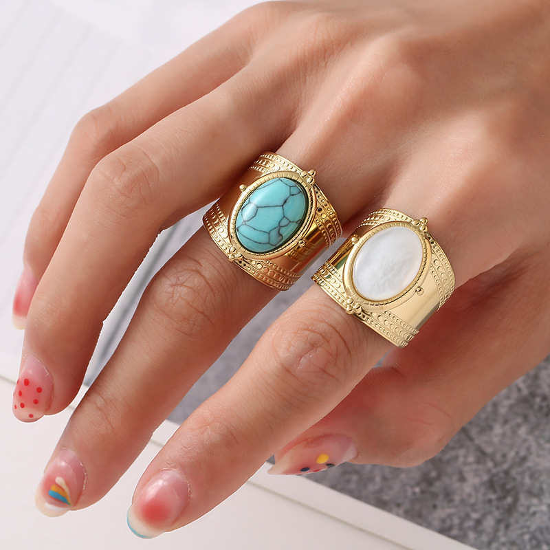 Retro Oval Stainless Steel Turquoise Wide Band Rings In Bulk display picture 1