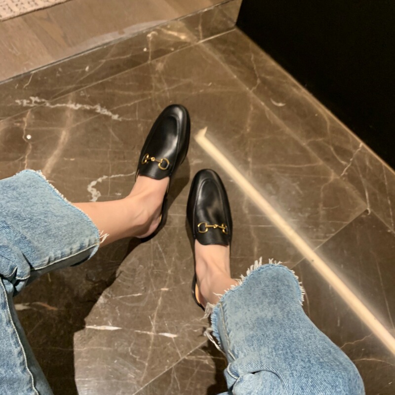 111-A1 Huidong Yixinda Spring Slip-On Loaf Baotou Flats-Soled Horsebit Mule Half-Slippers for Women to Wear Outside