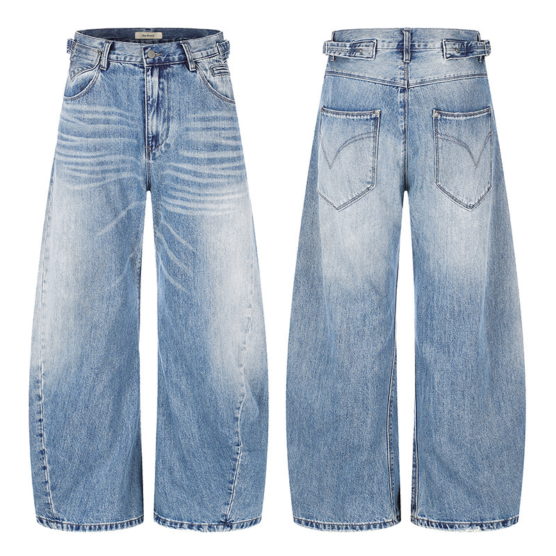 Tuochuan Ck9830 American Retro Washed Scimitar Jeans for Men and Women, Loose Fit, Versatile, Deconstructed Trendy Casual Wide-Leg Pants
