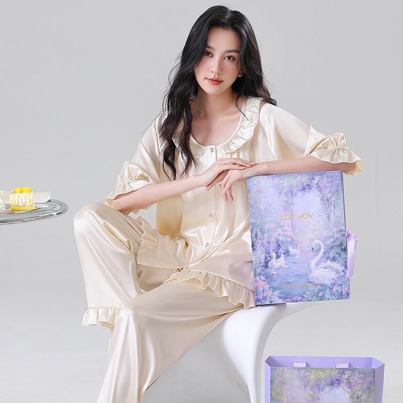 Luhao Ice Silk Pajamas Women's Summer Half-Sleeved Pants Set for Best Friends High-End Gift Box Home Clothes Can Be Embroidered