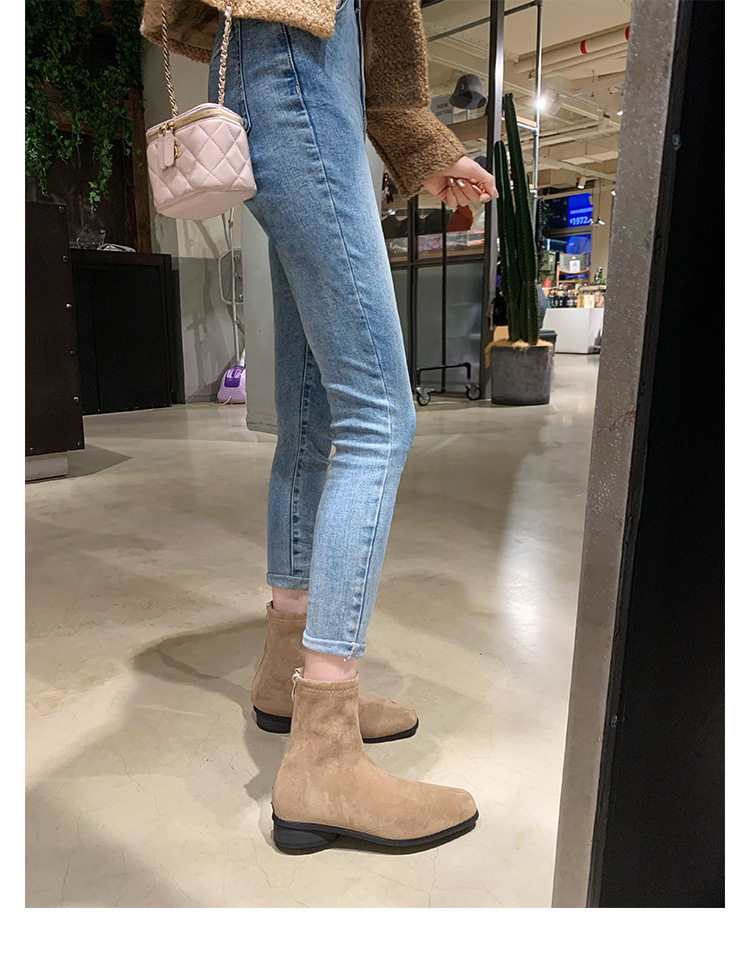 Bốt Chelsea nữ da thật mũi vuông gót 3-5 cm cổ thấp phong cách Hàn Quốc — Kaki, Kaki (cộng với nhung), Màu nâu (cộng với nhung), Màu trà sữa chi tiết 38