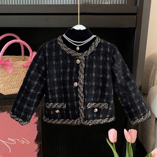 Korean Style Girls' Tweed Jacket Autumn Children's Fashion Houndstooth Short Coat Little Girl Socialite Style Jacket