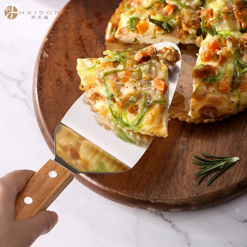 Pizza Turner with Wooden Handle, Triangle Cake Spatula, Transfer Spatula for Baking, Stainless Steel Steak Spatula, Cheese Cooking Tool, Round Panini Press