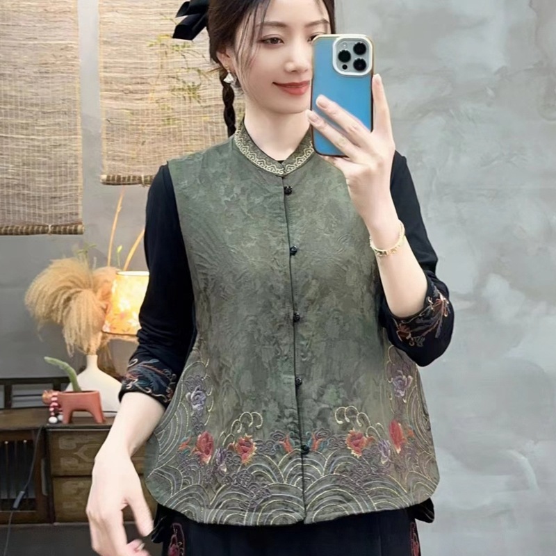 双面穿女式马夹2025新款复古背心立领盘扣马甲民族风刺绣人丝坎肩|undefined
