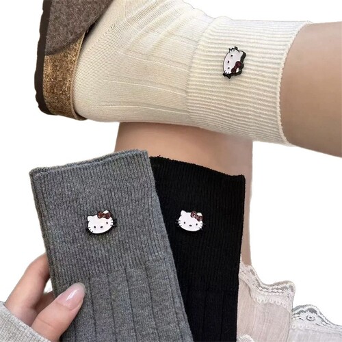 Autumn and winter double-needle cartoon KT cat cute pendant socks women's middle tube socks ins trendy all-matching outerwear solid color pile socks