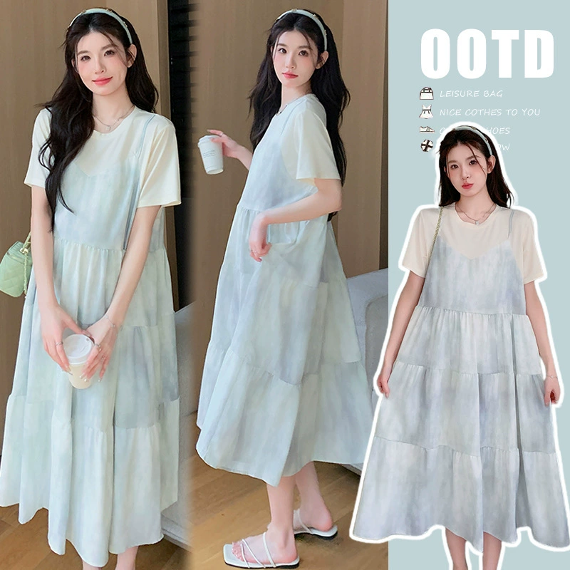 Одежда для беременных 2025, летняя мода, контрастная строчка с эффектом тай-дай, свободное утягивающее платье из двух частей