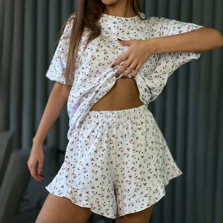 2025 New Cross-Border European and American Spring and Summer New Printed Shorts Three-Quarter Sleeve Fashion Casual Women's Pajamas Home Wear