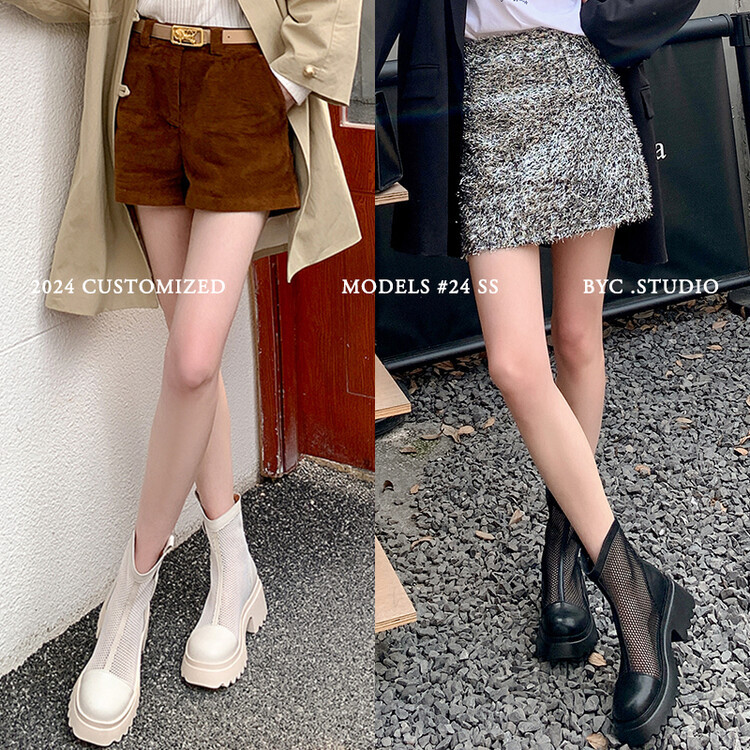 Boot nữ cổ cao đế dày gót bánh xốp da bò lưới thoáng khí xuân hè 2024 — Màu đen, Màu trắng be chi tiết 72