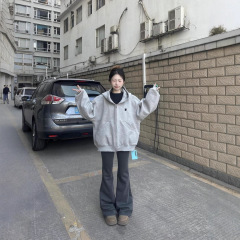 早秋韩系灰色连帽卫衣外套女秋季2025新款小个子宽松oversize上衣