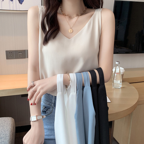 Women's Sheer Straps Camisole Top  Summer V-Neck Double Layer Loose Fitting Slimming Outerwear and Innerwear White Base Shirt Top