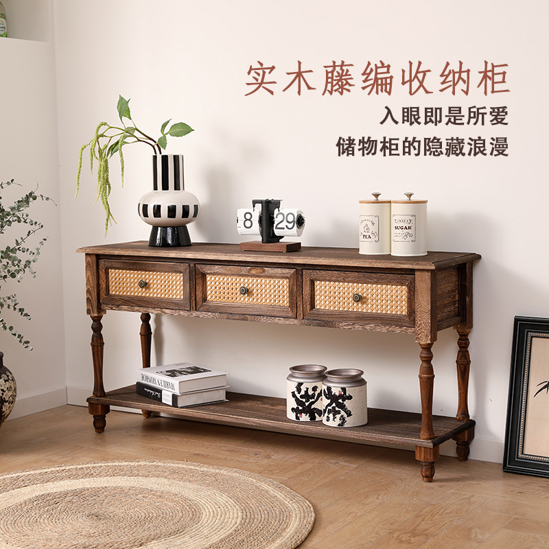 American-Style Solid Wood Vintage Entryway Cabinet, Living Room Balcony Storage Cabinet, Wall-Side Cabinet, Narrow Cabinet, Narrow Cabinet for Hallway Decoration