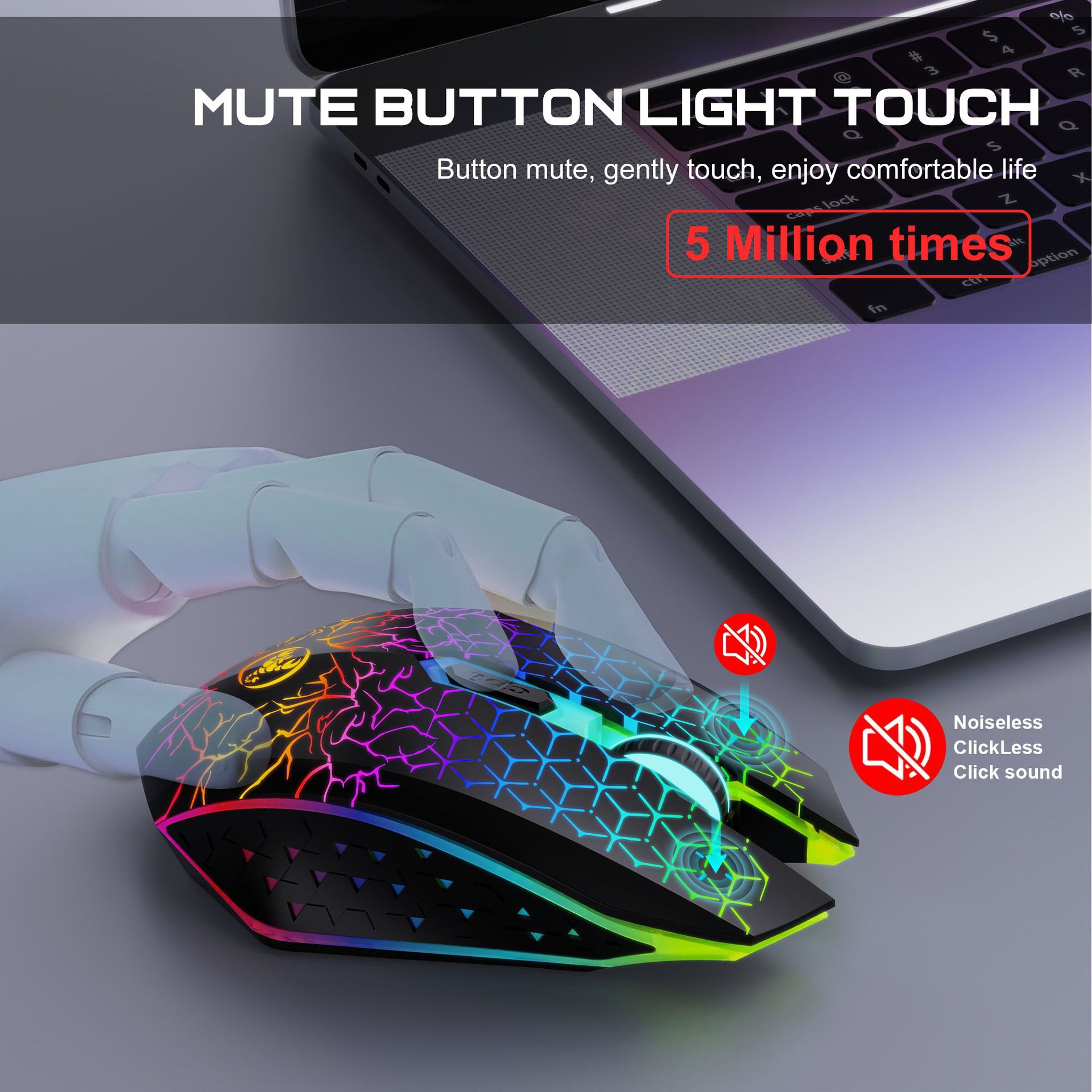 New T34 dual-mode wireless mouse with 2.4G+BT5.2 colorful LED 6D built-in 500mA battery_voghion.com