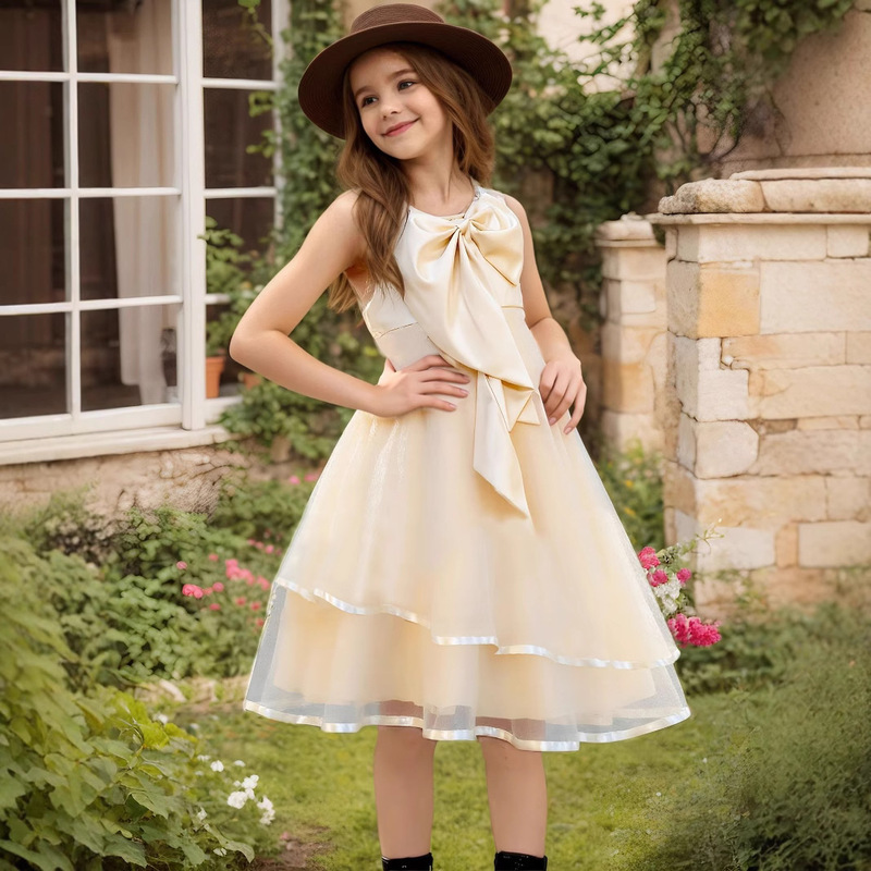 Girls' Champagne-Colored Sleeveless Mesh Dress with a Large Bow, Double-Layer Silver-Edged Skirt, Suitable for Outdoor Garden Parties, Sweet Dress