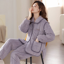 夹棉睡衣女款秋冬季珊瑚绒三层加厚加绒冬天保暖家居服法兰绒套装