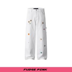 Fudge Pink 2025秋季New甜美少女花卉刺绣宽松牛仔长裤