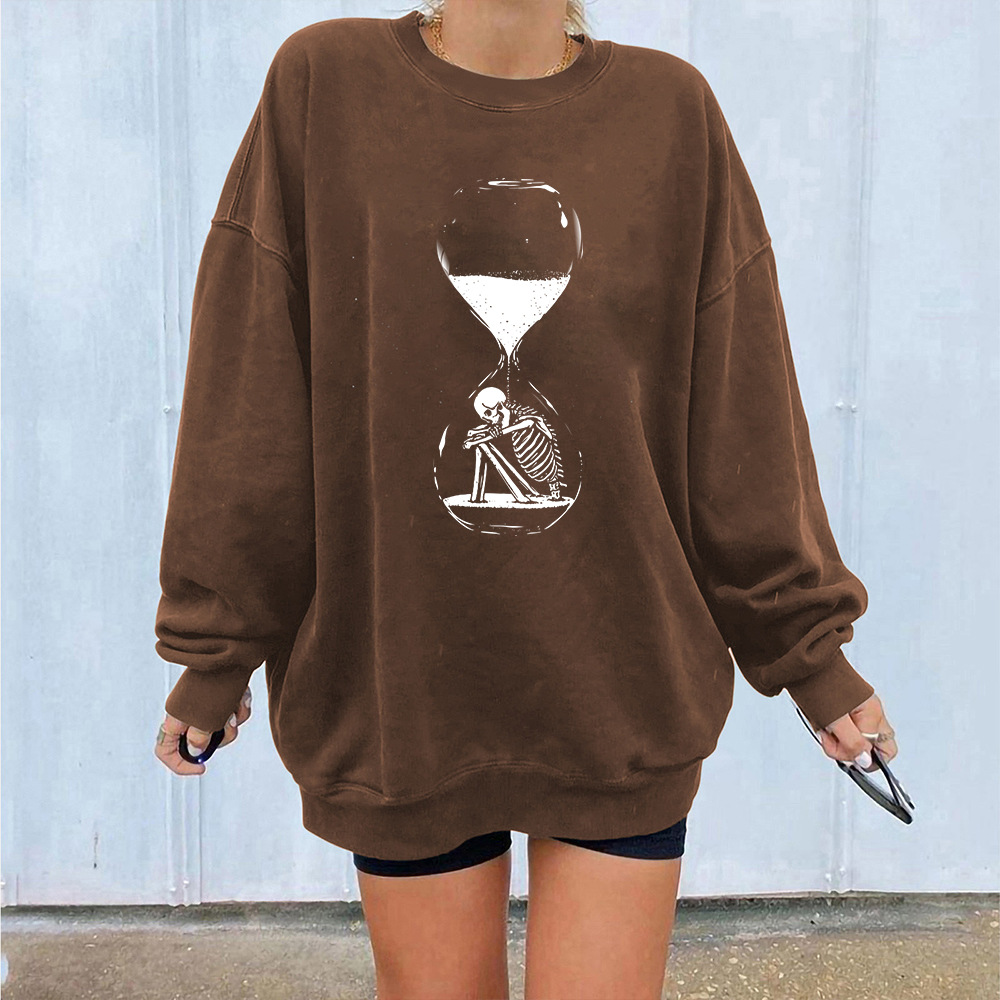 Halloween Sanduhr Skelett Fleece Rundhals Pullover Tropfen Schulter Langarm Herbst/Winter Warm Top Unisex_voghion.com
