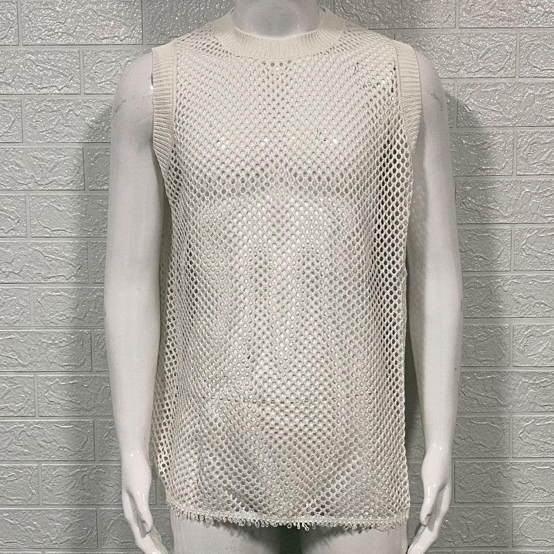 Pullover Einfarbig Rundhals Ärmellos Hohlstrickweste Muskel Herrenbekleidung_voghion.com