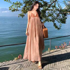 雪纺印花扎染拼接亮片连衣裙挂脖系带露背长裙女