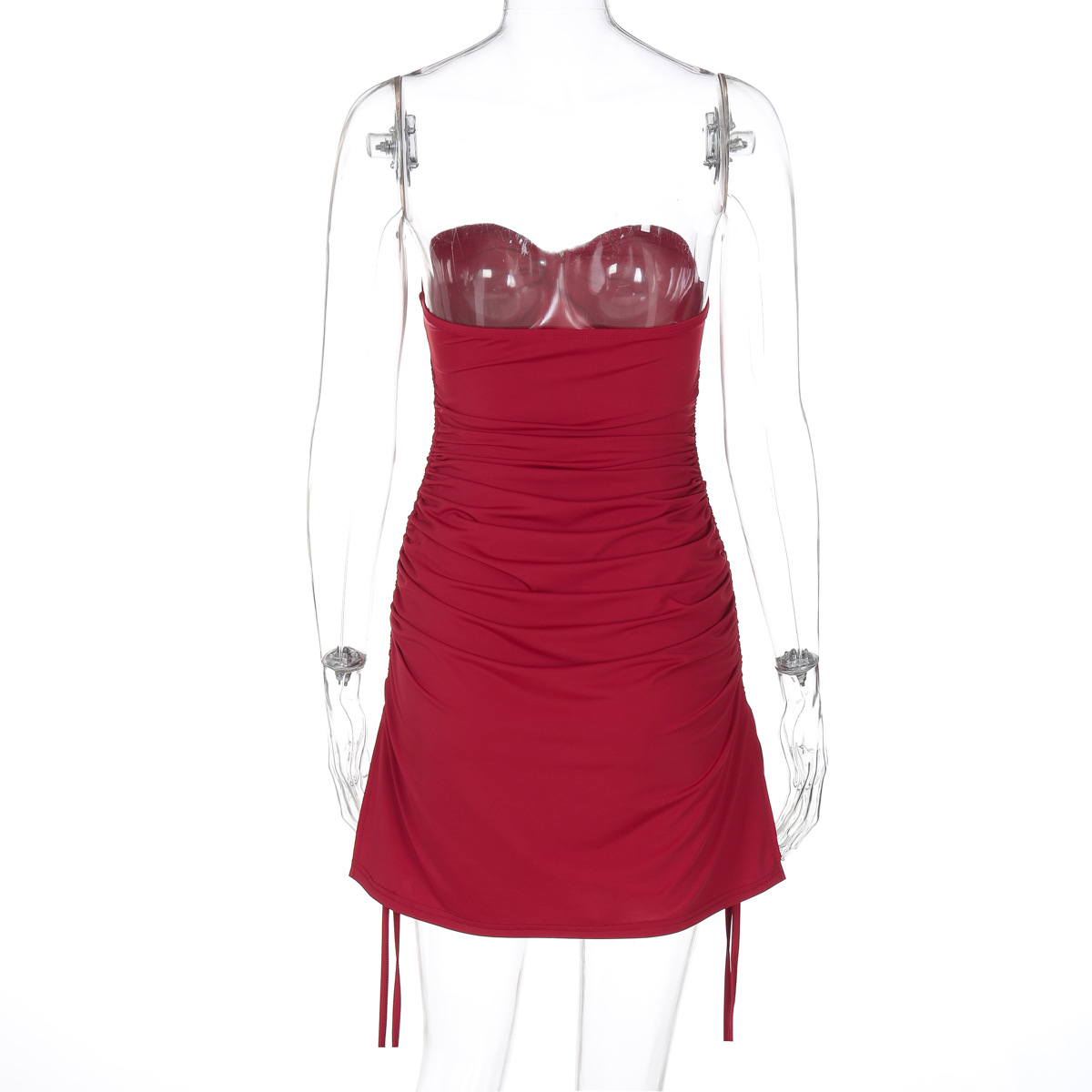 Women Spring Clothing Solid Color Sexy Twist Wrapped Chest Pleated Ultra Short Drawstring Dress