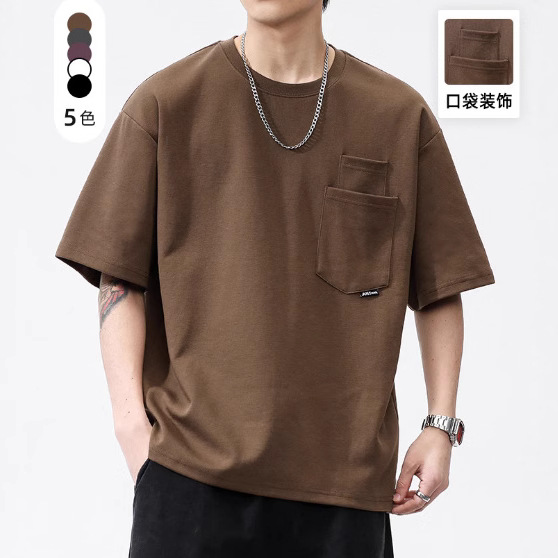2025 Trendy Brand Short-sleeved T-shirt Men's Summer New American Style Retro Pocket Design Round Neck Half-sleeved T-shirt Base Shirt