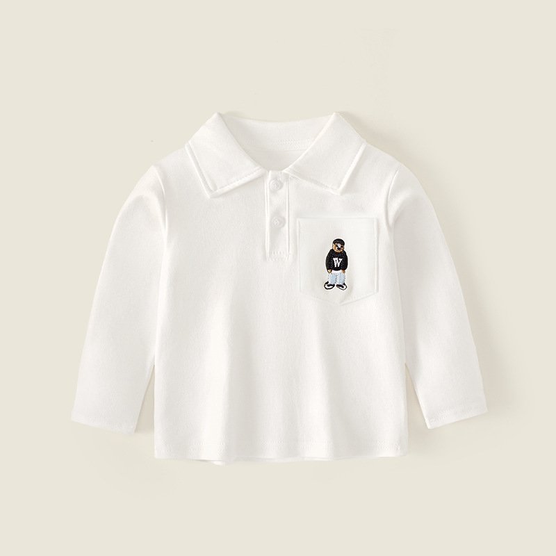 New Boys' POLO Shirt Spring and Autumn All-match White T-shirt Cotton Long Sleeve Top Children's Lapel Base Shirt