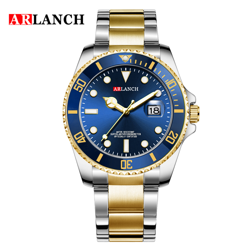 Nuevo calendario impermeable Lux hombres de negocios reloj de oro verde agua fantasma correa de acero reloj arlanch 306