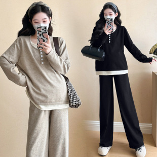 Internet Red Two-Piece Set 2025 Spring New Fashion Fake Two-Piece Knitted Sweater Casual Pants Slimming Pregnant Women suit