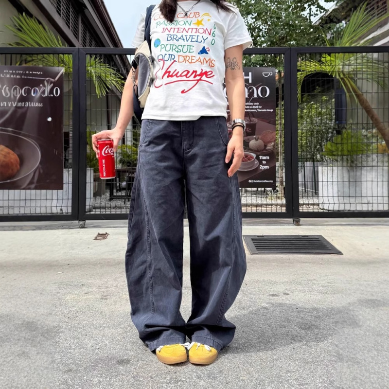 预售美式复古弯刀裤男女新款设计感宽松水洗拼接裁剪休闲长裤|undefined