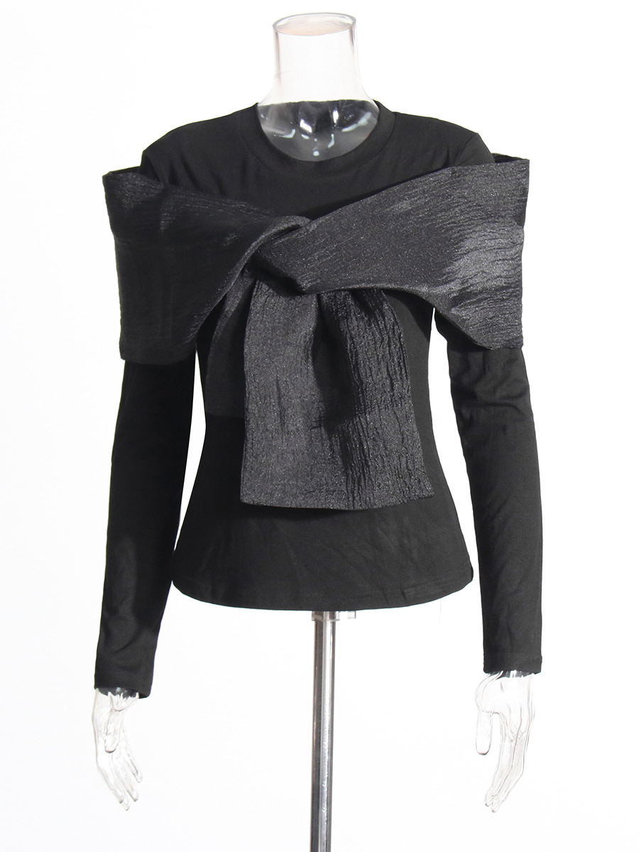 Camiseta de Moda para Mujer, Estilo Influencer, Diseño de Nicho, Otoño 2025, Cuello Redondo, Manga Larga, Lazo Cruzado Único, Color Sólido