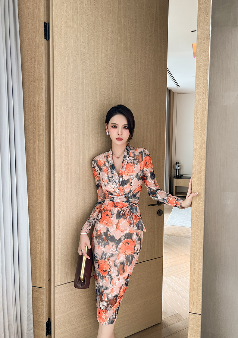 Đầm ôm body nữ dáng dài họa tiết hoa cổ điển thắt eo — Màu cam chi tiết 12