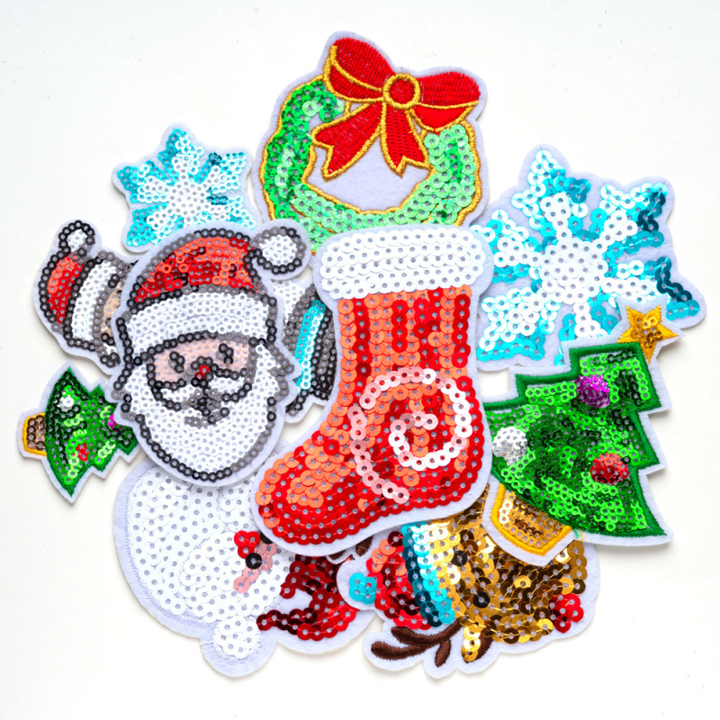 クロスボーダーコンピュータ刺繍ステッカークリスマススパンコール刺繍サンタクロースクリスマスツリースノーフレーク雪だるまヘラジカ刺繍布ステッカー|undefined