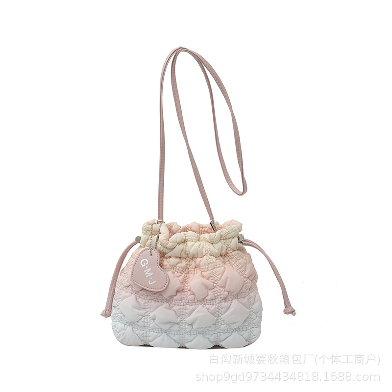 Cross-Border Minimalist Diamond Quilted Drawstring Bucket Bag For Women, Nylon Cloud Shoulder & Crossbody Bag, Lightweight Dumpling Bag - Thumbnail 5