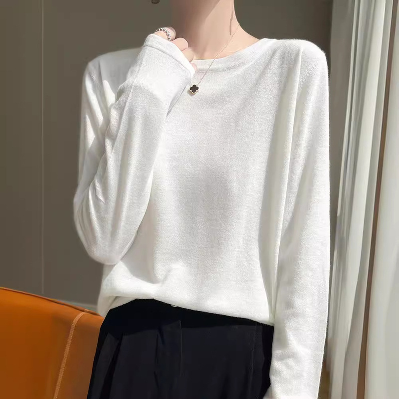 Worsted Fine Wool Knit Women's Round Neck Thin Spring Loose Long-sleeved Mulberry Silk T-shirt Inner Base Shirt Top