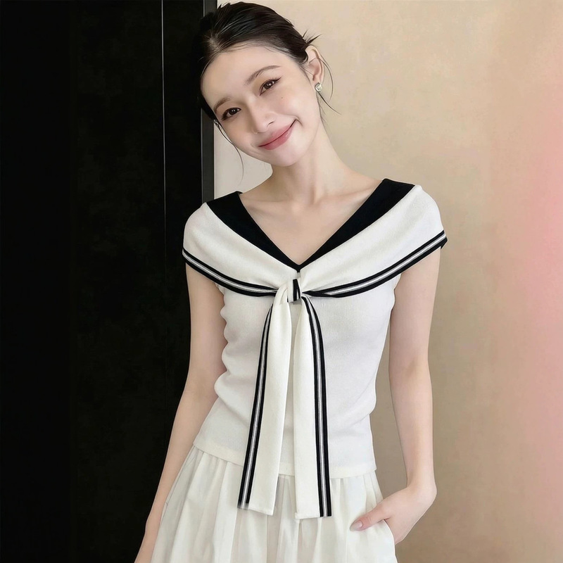 In Stock: Navy Collar Sleeveless Accordion Knit Top for Women, Summer High-End Lazy Style Slim Fit French White Blouse