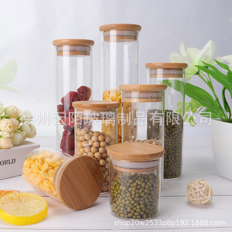 竹盖玻璃储物罐透明密封防潮茶叶罐家用坚果收纳瓶大容量分装瓶